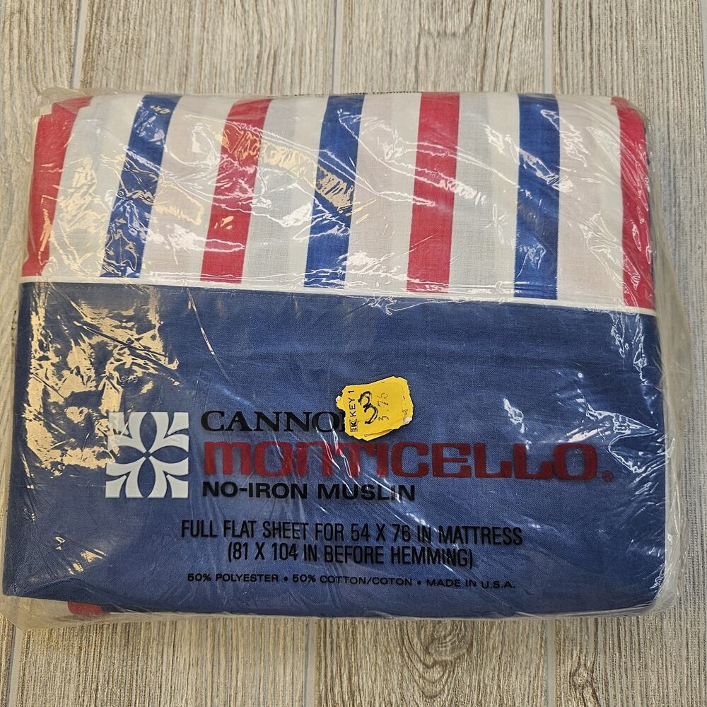 New Vintage Cannon Monticello Full Size Flat Sheet Red‎ White Blue Striped NOS